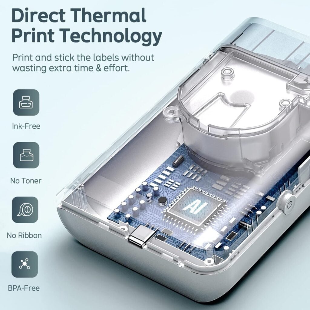 BAQICK Label Maker Machine with L1 Roll Label tape, Thermal Bluetooth USB Rechargeable Portable WP9510 Label Printer, Monochrome Mini Label Makers for Teacher Supplies, Home, Office