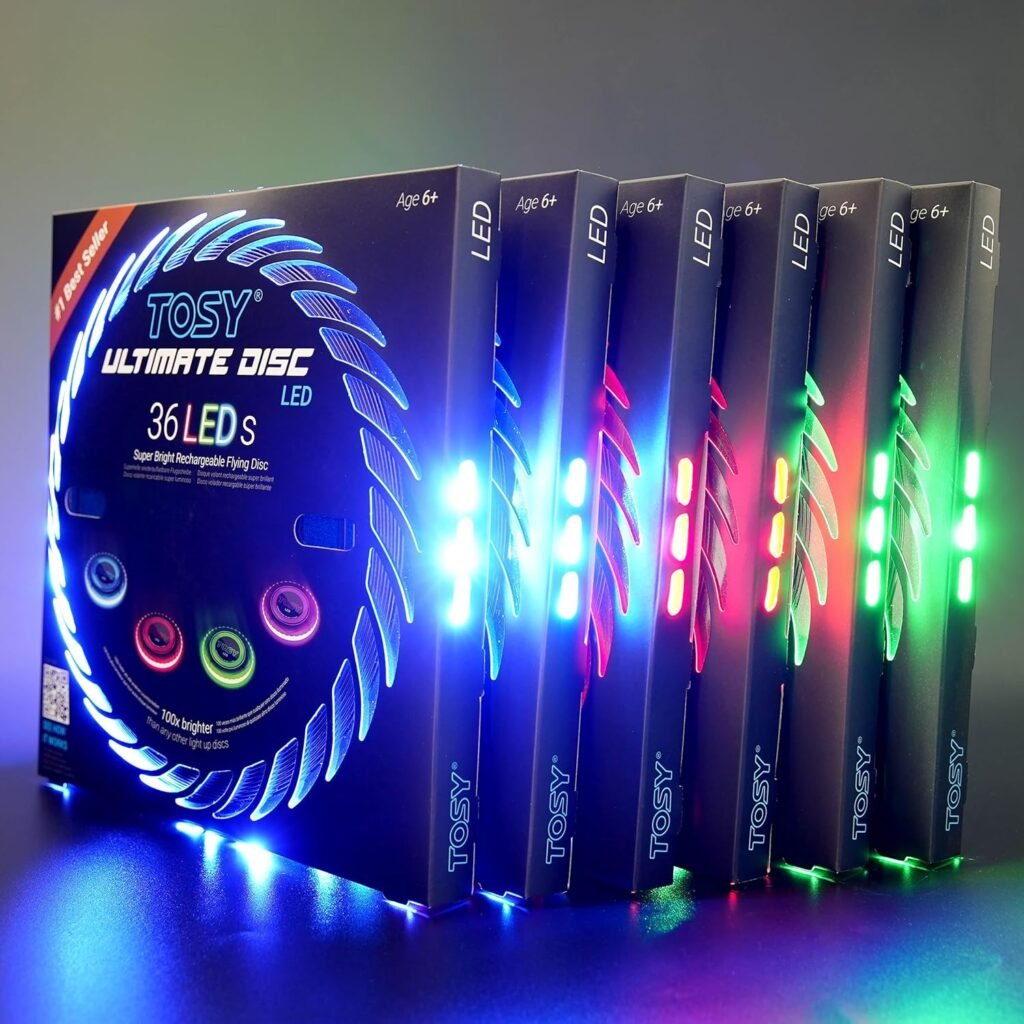 TOSY Flying Disc - 16 Million Color RGB or 36 or 360 LEDs, Extremely Bright, Smart Modes, Auto Light Up, Rechargeable, Cool Fun Christmas, Birthday Camping Gift for Men/Boys/Teens/Kids, 175g frisbee TOSY Flying Disc - 16 Million Color RGB or 36 or 360 LEDs, Extremely Bright, Smart Modes, Auto Light Up, Rechargeable, Cool Fun Christmas, Birthday Camping Gift for Men/Boys/Teens/Kids, 175g frisbee
