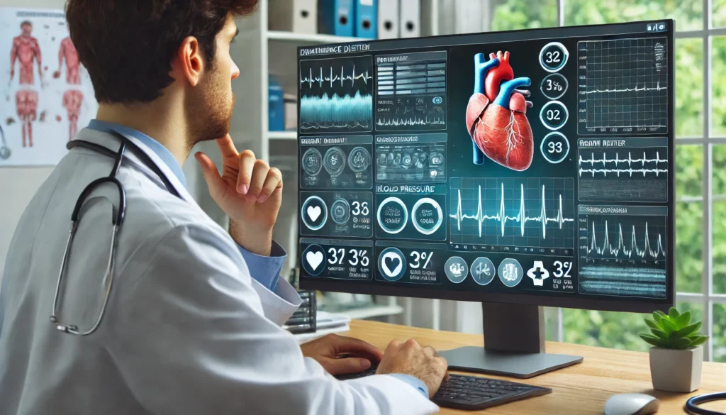 The Power Of Data Visualization In Decision-Making 3 A doctor or healthcare professional looking at a computer screen showing patient data visualized with graphs and charts, including heart rate, blood p