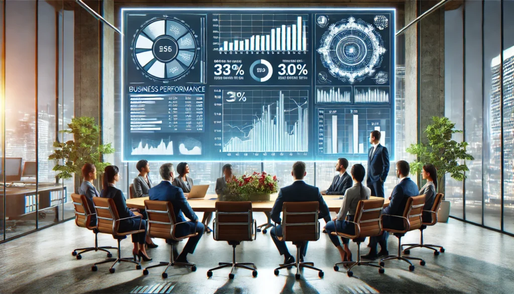 The Power Of Data Visualization In Decision-Making 4 A team of executives gathered around a large screen displaying business performance data with bar graphs, pie charts, and financial metrics in a moder