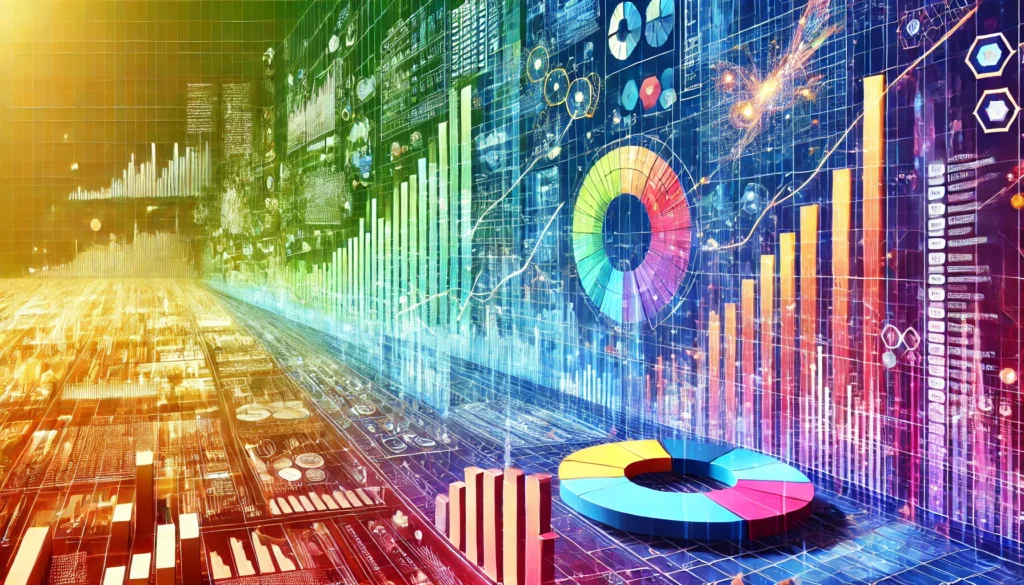 The Power Of Data Visualization In Decision-Making 2 A vibrant image showing a vast spreadsheet of complex data on one side, gradually transforming into simple, clean bar charts, pie charts, and line gra