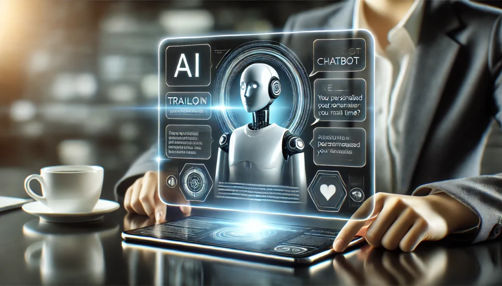 The Role Of AI In Personalized Marketing Strategies 3 An AI powered chatbot engaging with a customer on a sleek digital device. The interface is futuristic showing a tailored conversation with personaliz