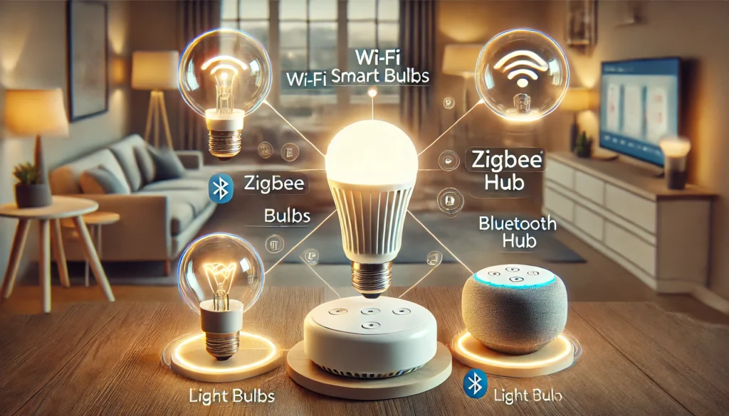 Best Smart Lighting for Home: Top Picks for Every Room 1 A close-up view of different smart lighting options, showing Wi-Fi smart bulbs, Zigbee hub, and Bluetooth light bulbs.
