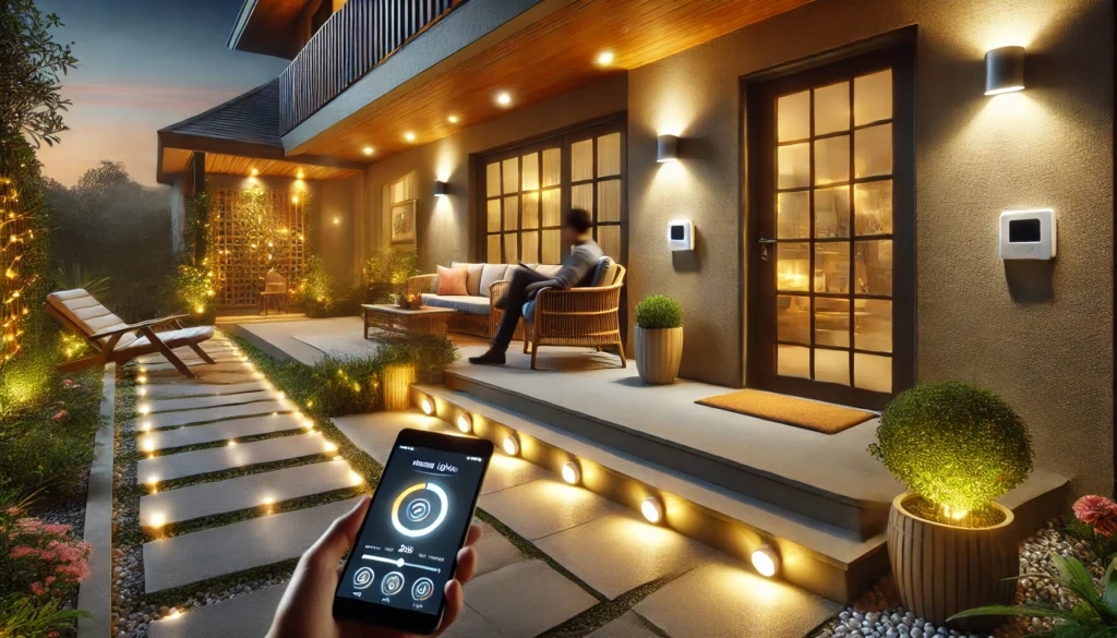 Best Smart Lighting for Home: Top Picks for Every Room 3 n outdoor patio with smart lighting, showcasing motion-activated lights for security and ambiance. The lights are installed along the garden pathway